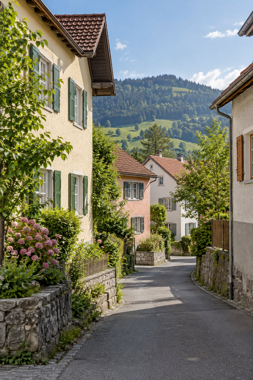 Symbolische Wohnstraße mit älteren Häusern in Vorarlberg