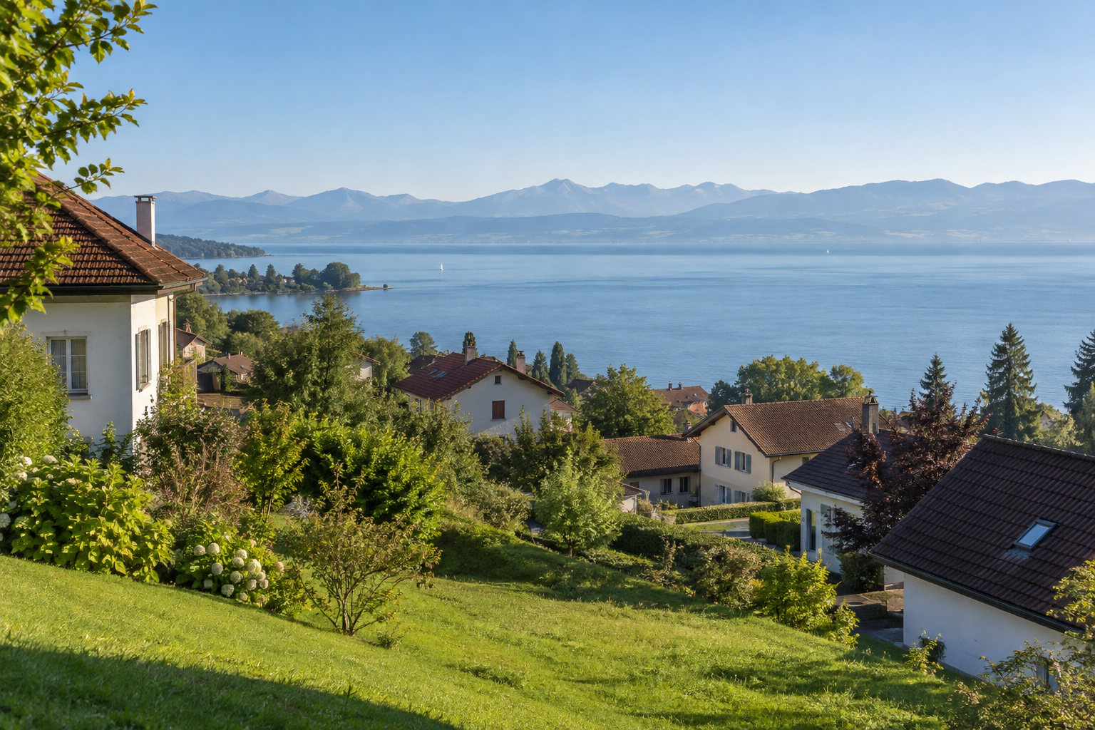 Symbolische Wohnhäuser an einem großen See in Vorarlberg